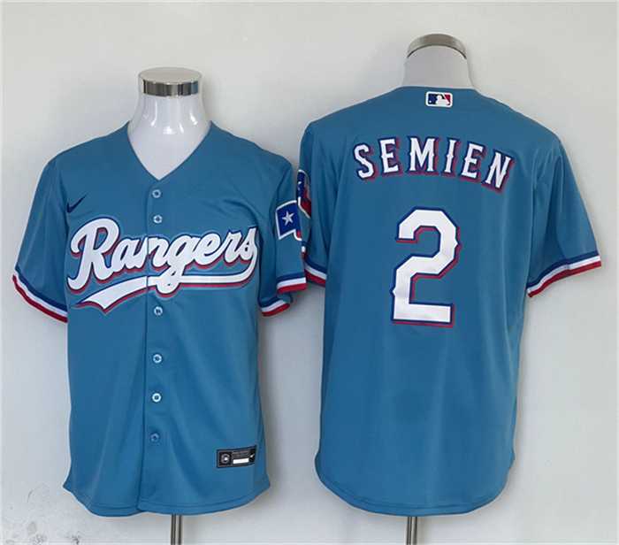 Men%27s Texas Rangers #2 Marcus Semien Blue With Patch Cool Base Stitched Baseball Jersey